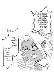 Rule 34 | 1girl, comic, elf, english text, fourth wall, glasses, greyscale, hard-translated, jin (mugenjin), monochrome, open mouth, orc, original, pointy ears, solo, third-party edit, translated