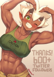 Rule 34 | 1girl, abs, absurdres, armpits, artist name, blonde hair, body freckles, breasts, clenched teeth, dark-skinned female, dark skin, freckles, gradient background, green eyes, highres, horns, large breasts, looking at viewer, midriff, muscular, muscular female, navel, nestkeeper, one eye closed, original, platinum blonde hair, pointy ears, short hair, smile, solo, teeth, thank you, yellow background