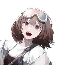 Rule 34 | 1girl, arknights, brown hair, brown overalls, brown shirt, choker, commentary request, goggles, goggles on head, hair between eyes, highres, looking at viewer, open mouth, overalls, portrait, roberta (arknights), seikazuku, shirt, short hair, shoulder strap, simple background, solo, teeth, white background, white choker, white shirt