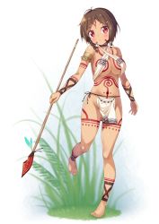 Rule 34 | 1girl, :o, ankle lace-up, anklet, armlet, bare shoulders, barefoot, beads, blush, braid, breasts, brown hair, choker, cleavage, commentary request, criss-cross halter, cross-laced footwear, eyebrows, facial mark, feathers, feet, female focus, forehead mark, fringe trim, full-body tattoo, full body, grass, groin, hair ornament, hair tie, hairclip, halterneck, highres, holding, holding weapon, jewelry, kazuma (kazumav), large breasts, leg up, legs apart, loincloth, looking at viewer, midriff, nature, navel, original, outdoors, parted lips, polearm, red eyes, revealing clothes, ring, shade, shiny skin, short hair, side braid, single braid, skindentation, solo, spear, standing, standing on one leg, stomach, tan, tattoo, toenails, tribal, tribal tattoo, underboob, weapon, white background