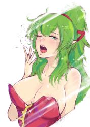 Rule 34 | 1girl, areola slip, arm up, breasts, fire emblem, fire emblem awakening, green eyes, green hair, hand up, highres, large breasts, long hair, nintendo, one eye closed, open mouth, pointy ears, ponytail, solo, tiki (fire emblem), upper body, vialnite, yawning