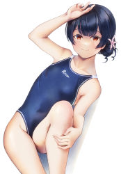 Rule 34 | 1girl, black hair, blush, closed mouth, collarbone, competition school swimsuit, competition swimsuit, flower, hair bun, hair flower, hair ornament, highres, idolmaster, idolmaster shiny colors, looking at viewer, lying, maremay0513, morino rinze, on back, one-piece swimsuit, red eyes, school swimsuit, simple background, single hair bun, solo, swimsuit, white background