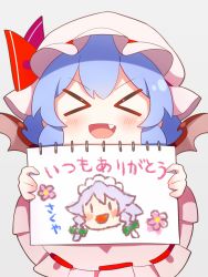 Rule 34 | &gt; &lt;, 1girl, 60mai, :d, blue hair, blush, child&#039;s drawing, closed eyes, commentary, drawing, facing viewer, fang, grey background, hat, hat ribbon, holding, izayoi sakuya, mob cap, open mouth, red ribbon, remilia scarlet, ribbon, short hair, simple background, smile, solo, touhou, translated, v-shaped eyebrows, white hat