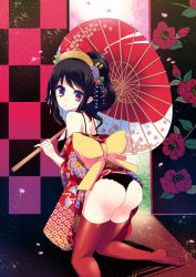 Rule 34 | 1girl, absurdres, ass, black bra, black hair, black panties, blush, bra, breasts, checkered background, cherry blossoms, floral print, from behind, gucchiann, hair ornament, highres, japanese clothes, kimono, kneeling, legs, looking at viewer, medium breasts, oil-paper umbrella, original, panties, parasol, petals, red thighhighs, simple background, tareme, thighhighs, umbrella, underwear