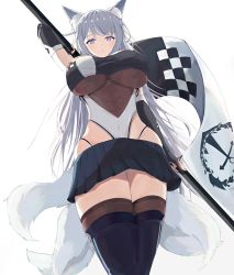 Rule 34 | 1girl, animal ear fluff, animal ears, azur lane, boots, breasts, bridal gauntlets, checkered flag, elbow gloves, flag, fox ears, fox girl, fox tail, gloves, grey hair, highres, holding, holding flag, huge breasts, kitsune, kyuubi, large breasts, microskirt, multiple tails, natsuki (natsu 1936), official alternate costume, panty straps, race queen, shinano (azur lane), shinano (moonlit chrome) (azur lane), simple background, skirt, solo, tail, thighhighs, thighhighs under boots, underboob, white background, white tail
