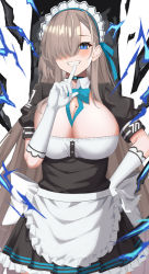 Rule 34 | 1girl, asuna (blue archive), black dress, blue archive, blue eyes, blush, breasts, brown hair, cleavage, commentary request, dress, elbow gloves, frills, gaitoou, gloves, hair over one eye, large breasts, long hair, looking at viewer, maid, maid headdress, mole, mole on breast, one eye covered, parted lips, short sleeves, smile, solo, teeth, white gloves, white headwear