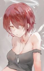 Rule 34 | 1girl, arknights, breasts, cleavage, detached wings, dog tags, energy wings, exusiai (arknights), gnai, grey background, hair between eyes, halo, highres, looking at viewer, medium breasts, parted lips, red hair, short hair, simple background, solo, strap slip, upper body, wings, yellow eyes