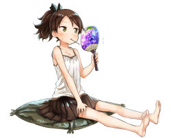 Rule 34 | 10s, 1girl, abe kanari, bare legs, bare shoulders, barefoot, blush, brown eyes, brown hair, commentary request, hand fan, feet, hair ribbon, hot, kantai collection, long hair, mouth hold, paper fan, ponytail, ribbon, shikinami (kancolle), sitting, skirt, soles, solo, sweat, tank top, toes, uchiwa