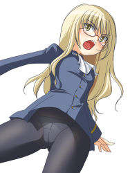 Rule 34 | 00s, 1girl, blonde hair, crotch seam, glasses, jyuru, long hair, panties, panties under pantyhose, pantyhose, perrine h. clostermann, solo, strike witches, underwear, world witches series, yellow eyes