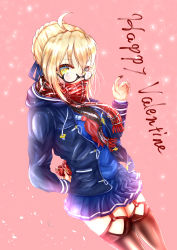Rule 34 | 1girl, absurdres, ahoge, arm behind back, artoria pendragon (fate), black thighhighs, blue ribbon, blue skirt, box, braid, drawstring, dutch angle, fate/grand order, fate (series), french braid, garter straps, glasses, happy valentine, heart-shaped box, highres, hood, hoodie, looking at viewer, looking over glasses, mysterious heroine x alter (fate), mysterious heroine x alter (first ascension) (fate), noir2more, plaid, plaid scarf, ribbon, scarf, school uniform, semi-rimless eyewear, skirt, solo, standing, thighhighs, under-rim eyewear, valentine, yellow eyes