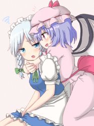 Rule 34 | 2girls, apron, arms around neck, bat wings, between legs, blue eyes, blue hair, blush, braid, dadamori, fang, hair ribbon, hand between legs, hat, hat ribbon, hug, hug from behind, izayoi sakuya, kneeling, leaning on person, looking at another, looking back, maid headdress, mob cap, multiple girls, open mouth, own hands together, pink background, profile, puffy short sleeves, puffy sleeves, remilia scarlet, ribbon, short hair, short sleeves, silver hair, simple background, sitting, skirt, skirt set, squiggle, touhou, tress ribbon, twin braids, waist apron, wings, yuri