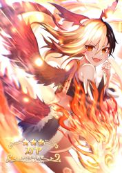 Rule 34 | 1girl, :d, akao kito, ass, bare shoulders, blonde hair, character name, feathered wings, fire, fire, hair between eyes, hand up, head wings, highres, kaya (princess connect!), long hair, looking at viewer, multicolored hair, open mouth, orange eyes, princess connect!, smile, solo, tail, two-tone hair, wings