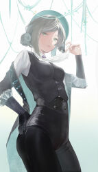 Rule 34 | 1girl, absurdres, ascot, black corset, black gloves, black jacket, black pants, black vest, breasts, c1718259, commentary request, corset, gloves, green eyes, grey hair, hair bun, hand on own hip, hand up, highres, jacket, lifting own clothes, looking at viewer, medium breasts, neckwear lift, off shoulder, open clothes, open jacket, pants, parted lips, purple brooch, reverse:1999, shirt, short hair, single side bun, solo, standing, vertin (reverse:1999), vest, white ascot, white shirt