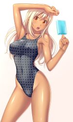 Rule 34 | 1girl, blonde hair, breasts, brown eyes, competition swimsuit, covered erect nipples, food, highleg, highleg swimsuit, highres, kuri (kurigohan), large breasts, long hair, one-piece swimsuit, popsicle, skindentation, skinny, slender, solo, source request, speedo (company), swimsuit, tan, tanline
