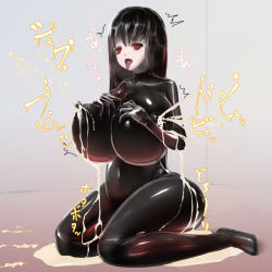 Rule 34 | black hair, bodysuit, breast milk, breasts, keteru yamiko, lactation, lactation through clothes, large breasts, red eyes, scp-835-jp, scp foundation, thick thighs, thighs, tongue, tongue out, yandere