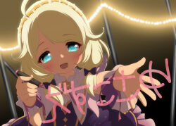 Rule 34 | 1girl, ahoge, aqua eyes, backstage, beads, birthday, blonde hair, blush, bow, character name, character signature, child, coat, collar, commentary request, dot nose, eyelashes, fingernails, frilled collar, frilled wrist cuffs, frills, hair bow, hair ornament, hands up, headband, highres, holding, holding marker, hosizora mikoto, idol, idol clothes, idolmaster, idolmaster cinderella girls, idolmaster cinderella girls u149, indoors, light blush, looking at viewer, low twintails, marker, medium bangs, medium hair, neck ribbon, official alternate costume, open mouth, parted bangs, purple bow, purple coat, purple ribbon, reaching, reaching towards viewer, ribbon, sidelocks, signature, sleeveless, solo, standing, star (symbol), star hair ornament, straight-on, straight hair, string lights, sweat, tongue, twintails, upper body, waistcoat, wrist cuffs, wrist ribbon, writing, yellow trim, yusa kozue