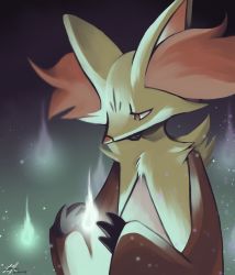 Rule 34 | brown eyes, commentary, creatures (company), dated, delphox, fire, furry, game freak, gen 6 pokemon, looking away, looking down, nintendo, outdoors, pokemon, pokemon (creature), pokemon xy, purple background, purple fire, rock-bomber, signature, solo, upper body