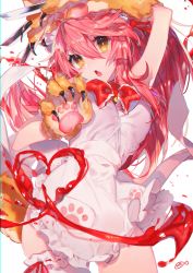 Rule 34 | 1girl, animal hands, arm up, bell, blonde hair, bow, claws, dress, fang, fate/grand order, fate (series), gloves, heart, highres, jingle bell, long hair, looking at viewer, open mouth, paw gloves, pink hair, solo, tamamo (fate), tamamo cat (fate), tamamo cat (third ascension) (fate), white dress, yakusuke