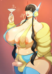 Rule 34 | 1futa, areola slip, armpit hair, bare shoulders, bikini, black hair, blue eyes, blush, breasts, breath, brown hair, cocktail glass, collarbone, covered erect nipples, cowboy shot, creatures (company), cum, cum string, cup, drinking glass, earrings, elesa (pokemon), erection, full-package futanari, futanari, game freak, gradient hair, gym leader, hand on own hip, hand up, happy trail, headphones, highres, holding, hoop earrings, huge breasts, jewelry, jujunaught, large areolae, lipstick, lipstick mark, long hair, long sleeves, looking at viewer, makeup, multicolored bikini, multicolored clothes, multicolored hair, navel, nintendo, parted lips, penis, plump, pokemon, pokemon bw2, pubic hair, red background, shiny skin, simple background, skindentation, smile, solo, standing, steam, stray pubic hair, swimsuit, teeth, thick thighs, thighs, twintails, uncensored
