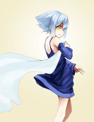 Rule 34 | 1girl, bare legs, bare shoulders, blue dress, blue hair, detached sleeves, dress, highres, original, pas (paxiti), pilo, short hair, simple background, smile, solo, v, yellow eyes