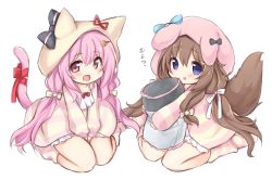 Rule 34 | 2girls, absurdres, animal ear headwear, animal ears, azur lane, between legs, bloomers, blue eyes, bow, brown hair, cardigan, cat ears, cat girl, cat tail, child, commentary request, dog ears, dog girl, fake animal ears, fumizuki (azur lane), hair bow, hair ornament, hairclip, hand between legs, hat, highres, hugging object, kinomiki nobori, kisaragi (azur lane), long hair, multiple girls, open mouth, pillow, pillow hug, pink eyes, pink hair, pink headwear, ribbon, simple background, sitting, sleeves past wrists, smile, socks, striped cardigan, striped clothes, striped socks, tail, tail ornament, tail ribbon, thighs, twintails, underwear, very long hair, white background, white bloomers, white headwear