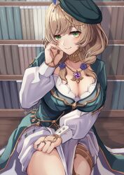 Rule 34 | 1girl, absurdres, beret, bookshelf, braid, breasts, brown hair, cleavage, genshin impact, green eyes, green hat, hat, highres, jewelry, large breasts, lisa (a sobriquet under shade) (genshin impact), lisa (genshin impact), long hair, long sleeves, looking at viewer, neck ring, necklace, official alternate costume, official alternate hairstyle, puffy long sleeves, puffy sleeves, reia hana, smile, solo, thighlet, thighs, twin braids, vision (genshin impact)