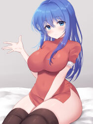Rule 34 | 1girl, arm between legs, awayuki ramika, bed, bed sheet, black thighhighs, blue eyes, blue hair, blush, breasts, caeda (beloved queen) (fire emblem), caeda (fire emblem), commentary request, covered navel, crossed bangs, dress, fire emblem, fire emblem: mystery of the emblem, fire emblem: shadow dragon and the blade of light, grey background, hair between eyes, highres, large breasts, long hair, looking at viewer, nintendo, on bed, red dress, short sleeves, side slit, sidelocks, simple background, solo, thighhighs