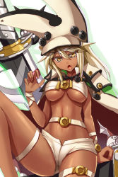 Rule 34 | 1girl, belt bra, blonde hair, breasts, cape, dark-skinned female, dark skin, fang, guilty gear, guilty gear xrd, hat, long hair, looking at viewer, masa tarou, midriff, navel, open mouth, ramlethal valentine, short shorts, shorts, simple background, sitting, solo, sword, underboob, weapon, yellow eyes