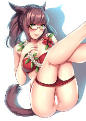 Rule 34 | 10s, 1girl, :d, animal ears, anus, aruma jiki, bandeau, bikini, bikini pull, blush, breasts, brown hair, cat ears, cat tail, censored, cleavage, clothes pull, final fantasy, final fantasy xiv, flower, glasses, green eyes, highres, large breasts, legs up, looking at viewer, miqo&#039;te, non-web source, open mouth, pussy, red-framed eyewear, red bikini, semi-rimless eyewear, simple background, smile, solo, swimsuit, tail, under-rim eyewear, white background