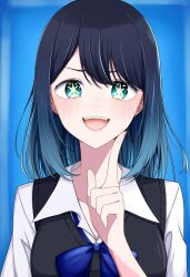 Rule 34 | 1girl, :d, aqua eyes, black sweater vest, blue background, blue bow, blue bowtie, blue hair, bow, bowtie, collarbone, collared shirt, commentary request, gradient hair, hair between eyes, highres, index finger raised, kurokawa akane, light blue hair, light blush, looking at viewer, mahiro (maakun), medium hair, multicolored hair, open mouth, oshi no ko, parted bangs, partial commentary, school uniform, shirt, smile, solo, star-shaped pupils, star (symbol), sweater vest, swept bangs, symbol-shaped pupils, teeth, upper body, upper teeth only, white shirt