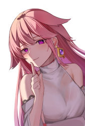 Rule 34 | 1girl, absurdres, bare shoulders, commentary, detached sleeves, earrings, genshin impact, hair flaps, hand up, highres, index finger raised, jewelry, laocheng (axpp4722), long hair, looking at viewer, pink hair, purple eyes, shirt, simple background, sleeveless, sleeveless shirt, smile, solo, upper body, very long hair, white background, white shirt, yae miko