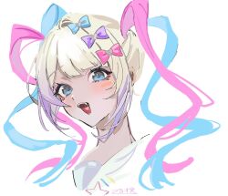 Rule 34 | 1girl, :d, blonde hair, blue bow, blue eyes, blue hair, bow, chouzetsusaikawa tenshi-chan, hair bow, highres, long hair, looking at viewer, multicolored hair, multiple hair bows, needy girl overdose, open mouth, pink bow, pink hair, portrait, purple bow, purple hair, quad tails, simple background, smile, solo, tail ear, white background