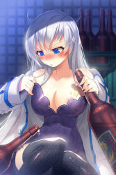 Rule 34 | 1girl, adjusting clothes, alcohol, architecture, areola slip, bare shoulders, blue eyes, blush, bottle, breasts, bungurly, cleavage, crate, dress, drunk, east asian architecture, evening gown, grey hair, large breasts, lingerie, long hair, lowres, messy hair, open clothes, open shirt, shirt, sigma (sword girls), solo, sword girls, thighhighs, unbuttoned, underwear, uniform, zettai ryouiki
