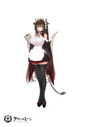 Rule 34 | animal ears, azur lane, bare shoulders, bell, black thighhighs, bow, breasts, brown hair, clothing cutout, concept art, cow ears, cow horns, cow tail, cowbell, highres, horns, kashino (azur lane), kashino (maid for mayhem) (azur lane), large bow, long hair, maid, maid headdress, official art, purple eyes, sideboob, standing, tail, thighhighs, thighs, underboob, white background, yyy (zelda10010)