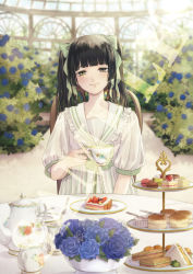 Rule 34 | 1girl, absurdres, black hair, blue flower, blue rose, blunt bangs, bow, cake, chair, commission, conservatory, creamer (vessel), cup, dress, flower, food, fork, fruit, green bow, green eyes, hair bow, highres, holding, holding cup, jam, long hair, looking at viewer, macaron, original, plate, puffy short sleeves, puffy sleeves, rose, rose bush, sailor dress, sample watermark, sandwich, scone, short sleeves, sitting, smile, solo, straight-on, strawberry, sugar bowl, table, tart (food), teacup, teapot, tiered tray, twintails, upper body, watermark, white dress, yoi (207342)
