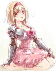 Rule 34 | 1girl, arm behind back, arm support, artist name, barefoot, blonde hair, blush, bow, breasts, breath, brown eyes, cleavage, commentary, djeeta (granblue fantasy), dress, feet, female focus, full body, gauntlets, gloves, granblue fantasy, grey gloves, hairband, hand on own knee, highres, kuroi mimei, light blush, looking at viewer, medium breasts, medium dress, open mouth, pink bow, pink dress, pink hairband, seiza, short hair, signature, sitting, smile, soles, solo, toes