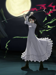 Rule 34 | 1girl, arms up, branch, brown eyes, full moon, hair between eyes, holding, looking at viewer, moon, original, puffy short sleeves, puffy sleeves, see-through, short sleeves, solo, standing, unyon