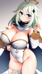 Rule 34 | 1girl, aged up, alternate breast size, asymmetrical legwear, bare shoulders, blue eyes, blush, breasts, cameltoe, closed mouth, commentary, covered erect nipples, covered navel, cowboy shot, detached collar, detached sleeves, genshin impact, gradient background, green hair, groin, hair between eyes, hair ornament, halo, hand up, highleg, highleg leotard, large breasts, leotard, long sleeves, looking at viewer, marota, medium hair, paimon (genshin impact), sidelocks, simple background, smile, solo, standing, strapless, strapless leotard, thighhighs, thighs, twitter username, uneven legwear, white leotard, white sleeves