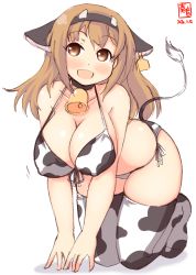 Rule 34 | 1girl, all fours, animal ears, animal print, artist logo, bell, bikini, breasts, brown eyes, cleavage, collar, commentary request, cow ears, cow girl, cow horns, cow print, cow tail, cowbell, dated, ear tag, fake animal ears, fake horns, highres, horns, i-26 (kancolle), kanon (kurogane knights), kantai collection, large breasts, light brown hair, long hair, looking at viewer, neck bell, side-tie bikini bottom, simple background, smile, solo, swimsuit, tail, thighhighs, two side up, white background, white bikini, white thighhighs