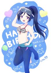 Rule 34 | 1girl, arms up, artist request, bare arms, bikini, blue hair, blush, breasts, female focus, goggles, goggles on head, hand on own hip, hands on own head, heart, high ponytail, highres, long hair, looking at viewer, love live!, love live! sunshine!!, matsuura kanan, navel, ponytail, purple eyes, side-tie bikini bottom, sidelocks, smile, solo, standing, striped bikini, striped clothes, swimsuit, underboob