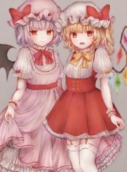Rule 34 | 2girls, :d, adapted costume, bat wings, bebitera, blonde hair, bow, center frills, closed mouth, crystal, dress, fangs, flandre scarlet, frilled sleeves, frills, garter straps, grey background, hat, hat ribbon, highres, light purple hair, long dress, looking at viewer, mob cap, multiple girls, neck ribbon, one side up, open mouth, petticoat, pinafore dress, pink dress, puffy short sleeves, puffy sleeves, red bow, red dress, red eyes, red ribbon, remilia scarlet, ribbon, short dress, short hair, short sleeves, siblings, simple background, sisters, skirt hold, sleeveless dress, smile, standing, thighhighs, touhou, underbust, white legwear, wings, wrist cuffs, yellow neckwear