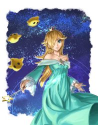 Rule 34 | 1girl, athenawyrm, bare shoulders, blonde hair, blue eyes, blush, breasts, crown, dress, earrings, hair over one eye, highres, jewelry, long hair, looking at viewer, luma (mario), mario (series), nintendo, open mouth, rosalina, smile, star (symbol), super mario galaxy