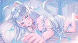 Rule 34 | 1girl, ahoge, amatsuka uto, animal ear fluff, animal ears, arm strap, blue eyes, blush, cat ears, collarbone, dress, hair ornament, hairclip, indie virtual youtuber, kemonomimi mode, lingerie, looking at viewer, lying, negligee, open mouth, silver dress, silver hair, solo, suzuho hotaru, thigh strap, underwear, virtual youtuber