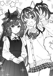 Rule 34 | 2girls, animal ears, bow, bowtie, braid, card, collared shirt, daiichi ruby (umamusume), daitaku helios (umamusume), dress, ear covers, expressionless, fang, greyscale, hair bow, hair ornament, hair rings, hairclip, hand on another&#039;s shoulder, hand up, highres, horse ears, long hair, long sleeves, looking at viewer, miniskirt, monochrome, multiple girls, nayuta ggg, neck ribbon, one eye closed, open mouth, own hands together, pinafore dress, pleated skirt, ribbon, shirt, side ponytail, single braid, skin fang, skirt, sleeveless dress, smile, sparkle, star (symbol), umamusume, v
