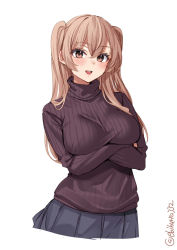 Rule 34 | 1girl, alternate costume, blush, breasts, brown eyes, cowboy shot, crossed arms, ebifurya, highres, johnston (kancolle), kantai collection, large breasts, light brown hair, long hair, one-hour drawing challenge, open mouth, pleated skirt, ribbed sweater, simple background, skirt, smile, solo, sweater, turtleneck, turtleneck sweater, twitter username, two side up, white background