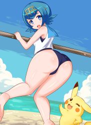 Rule 34 | 1girl, :o, ;3, ass, back, bare arms, bare legs, barefoot, beach, blue eyes, blue hair, blue sky, blush, cloud, creatures (company), day, feet, from behind, full body, game freak, gen 1 pokemon, hairband, highres, hip focus, lana (pokemon), looking at viewer, looking back, nintendo, ocean, one-piece swimsuit, one eye closed, open mouth, pikachu, pokemon, pokemon (creature), pokemon sm, shirt, short hair, sky, sleeveless, sleeveless shirt, smile, swimsuit, swimsuit under clothes, thumbs up, trial captain, unholysoul, wavy mouth