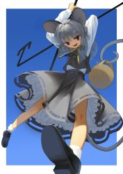 Rule 34 | 1girl, animal ears, basket, capelet, dowsing rod, grey hair, highres, jewelry, looking at viewer, mouse (animal), mouse ears, mouse tail, nazrin, open mouth, red eyes, short hair, skirt, smile, solo, suna (s73d), tail, touhou