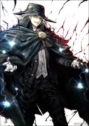 Rule 34 | 1boy, aura, black border, black cape, black hat, black jacket, black pants, border, cape, collared shirt, commentary request, edmond dantes (fate), electricity, fate/grand order, fate (series), gloves, grin, hat, jacket, k-suwabe, legs apart, long sleeves, male focus, open clothes, open jacket, pants, shirt, silver hair, simple background, smile, solo, standing, twitter username, white background, white gloves, white shirt, wing collar, yellow eyes