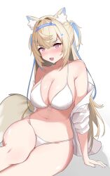 Rule 34 | 1girl, alternate costume, animal ear fluff, animal ears, bandaid, bandaid hair ornament, bikini, blonde hair, blue hair, blush, breasts, cardigan, cleavage, dog ears, dog girl, dog tail, fang, fuwawa abyssgard, hair ornament, hairpin, highres, hololive, hololive english, large breasts, long hair, looking at viewer, multicolored hair, open mouth, pink eyes, sasaki ikuya, skin fang, smile, solo, streaked hair, swimsuit, tail, two side up, virtual youtuber, white background, white bikini, white cardigan