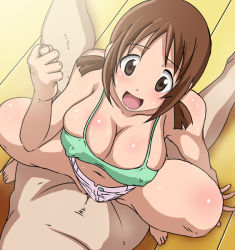 Rule 34 | 00s, 10s, 1boy, 1girl, :d, arm support, blush, breasts, brown eyes, brown hair, butcha-u, camisole, cleavage, clothed female nude male, clothed sex, clothing aside, covered erect nipples, cowgirl position, fig sign, from above, girl on top, happy sex, head out of frame, hetero, hinako (issho ni training), issho ni training, large breasts, navel, nude, open mouth, sex, short hair, shorts, shorts aside, smile, solo focus, spread legs, squatting, straddling, sweat, twintails, uncensored, vaginal, wooden floor